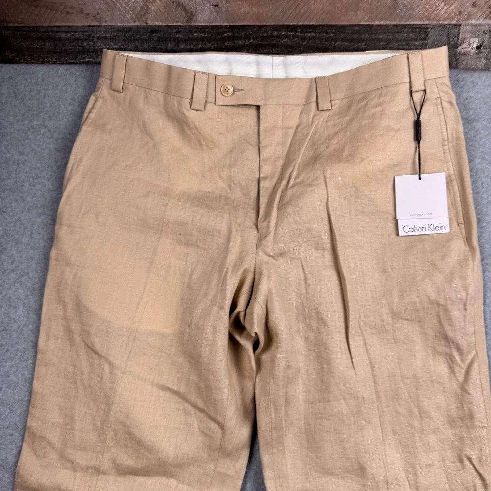 Calvin Klein Pants Mens 36 Beige 100% Linen Flat Front Suit Separate Dress NEW